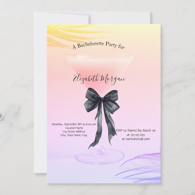 Pink Cocktail Chic Black Bow Bachelorette Party Invitation (Front)