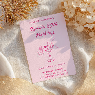 Pink Cocktail Party 30th Birthday   Retro Martini  Invitation