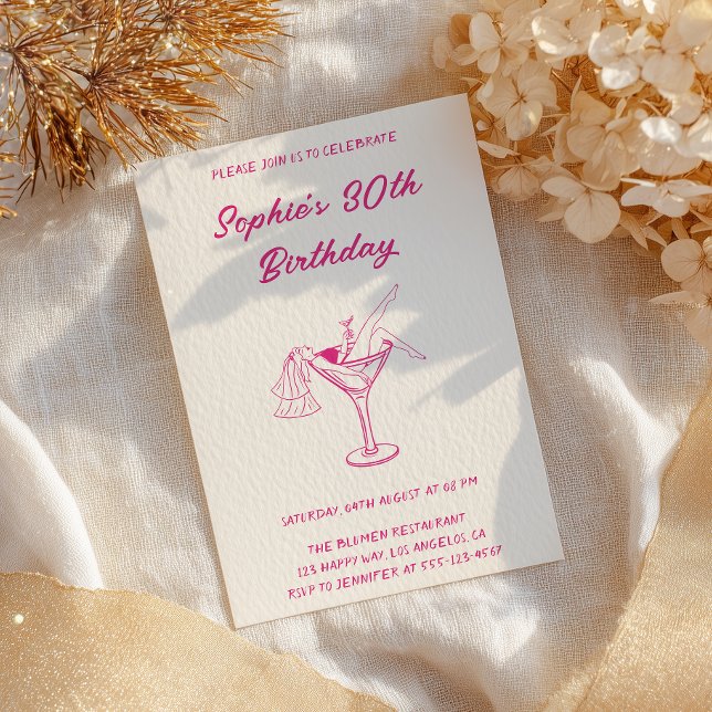 Pink Cocktail Party 30th Birthday | Retro Martini  Invitation (Creator Uploaded)