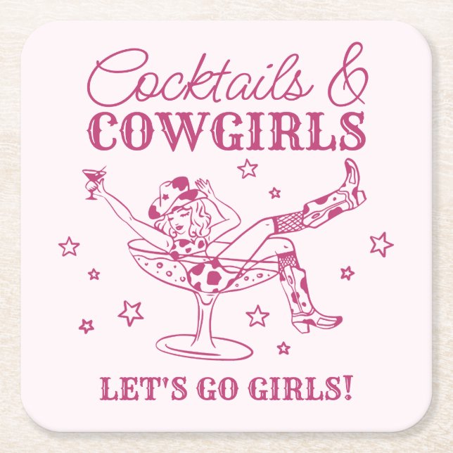 Pink Cocktails and Cowgirls Rodeo Bachelorette Square Paper Coaster (Front)