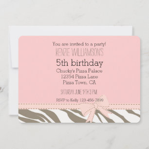 Pink Cocoa Brown White Zebra Print Birthday Invitation