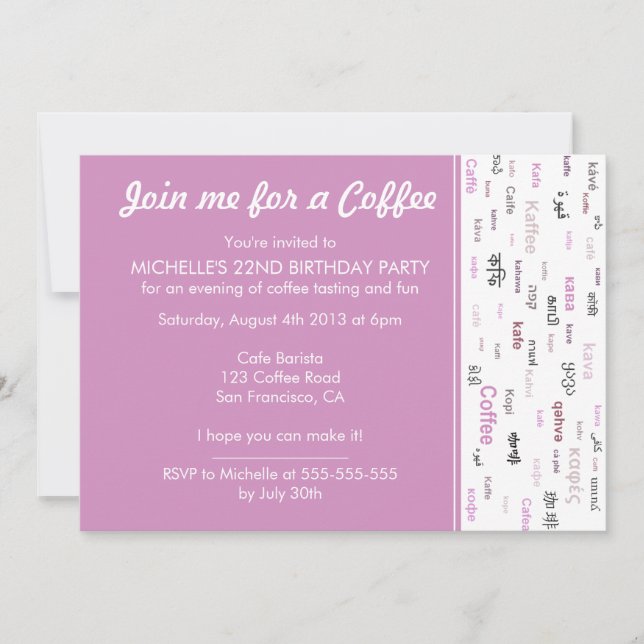 Pink Coffee lovers birthday party invitations (Front)