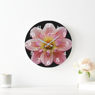 Pink Collarette Dahlia on Black Floral Large Clock