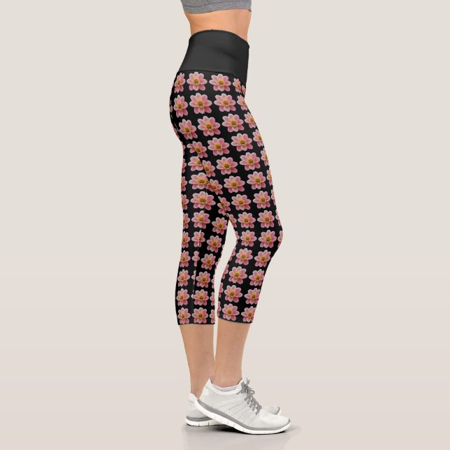Pink Collarette Dahlia on Black Floral Pattern Capri Leggings (Right)
