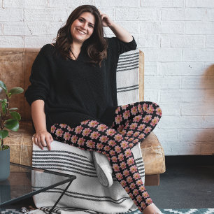 Pink Collarette Dahlia on Black Floral Pattern Leggings