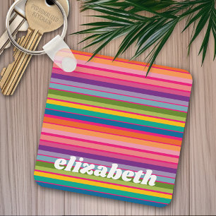 Pink & Colorful Striped Pattern with Funky Name Key Ring