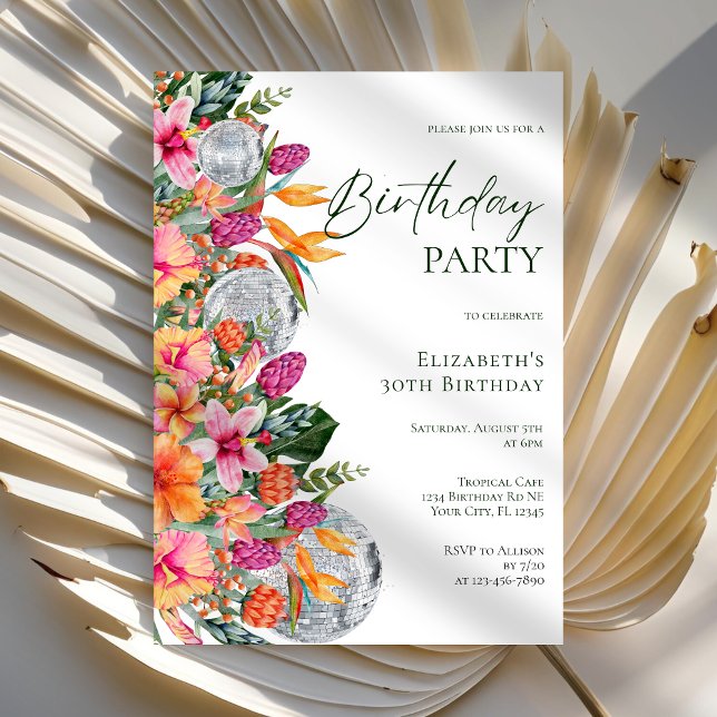 Pink Colorful Tropical Flowers Disco Ball Birthday Invitation (Creator Uploaded)