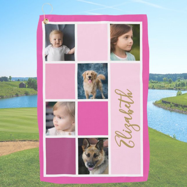 Pink Colour Block Custom Template Family Photos  Golf Towel (Creator Uploaded)