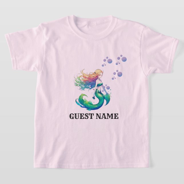 Pink colour Mermaid Birthday Theme Guest name  T-Shirt (Laydown)