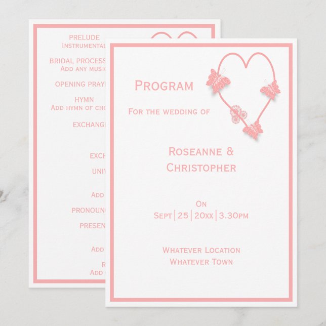 Pink Coloured Butterflies Heart Design Wedding Programme (Front/Back)