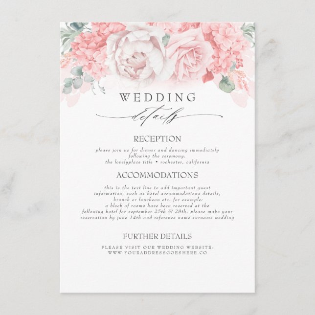 Pink Coloured Flowers Wedding Information Enclosure Card (Front)