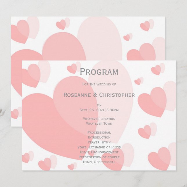 Pink Coloured Hearts Design Wedding Programme (Front/Back)