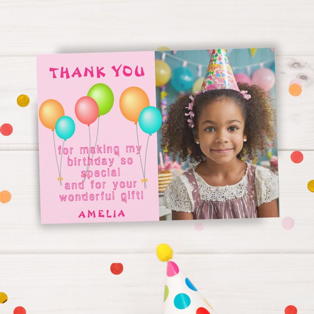 Pink Colourful Balloons Girl Birthday Photo Thank You Card (Creator Uploaded)