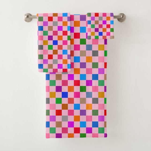 Pink Colourful Chequered Pattern  Bath Towel Set (Insitu)