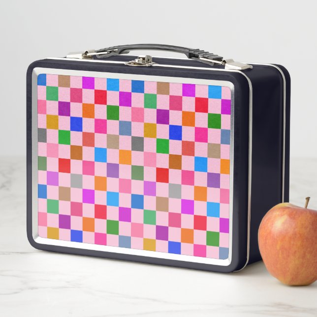 Pink Colourful Chequered Pattern  Metal Lunch Box (In Situ)
