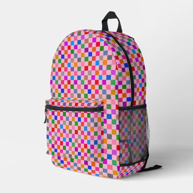 Pink Colourful Chequered Pattern  Printed Backpack (Back Corner Right)