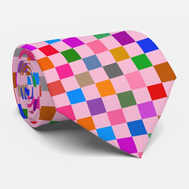 Pink Colourful Chequered Pattern  Tie (Rolled)