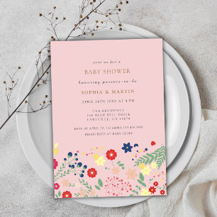 Pink Colourful Elegant Wildflower Girl Baby Shower Invitation