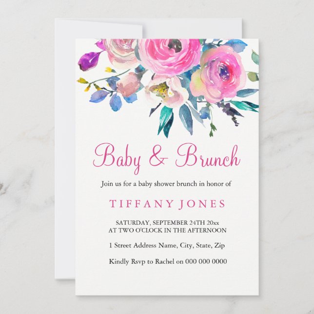 Pink Colourful Floral Baby & Brunch Invite (Front)