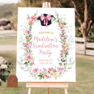 Pink Colourful Floral Bow Graduation Party Poster