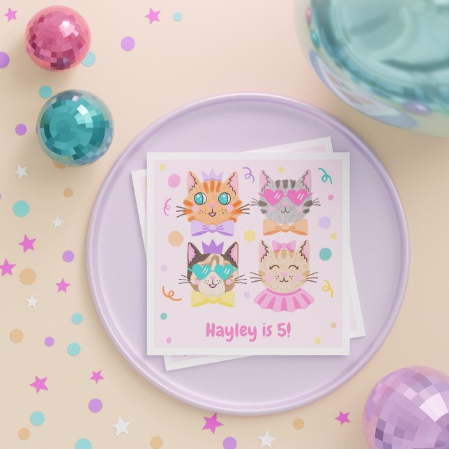 Pink Colourful Kitten Cat Girls Kids Birthday Part Napkin (Pink Colorful Kitten Cat Girls Kids Birthday Party Napkins)