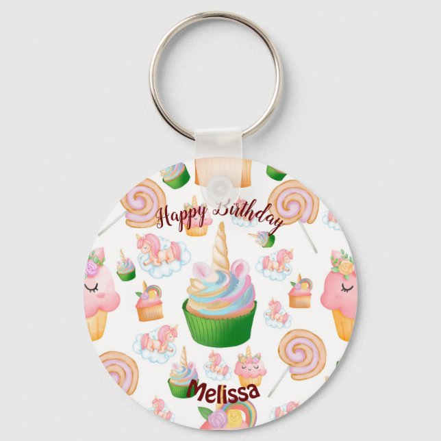 Pink Colourful Name Birthday Cupcake Unicorn  Key Ring (Front)