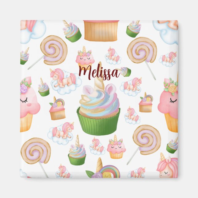 Pink Colourful Name Personalised Cupcake Unicorn Magnet (Front)