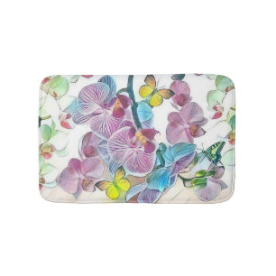 Pink colourful orchid flower butterflies watercolo bath mat
