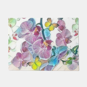 Pink colourful orchid flower butterflies watercolo doormat