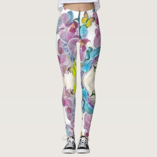 Pink colourful orchid flower butterflies watercolo leggings