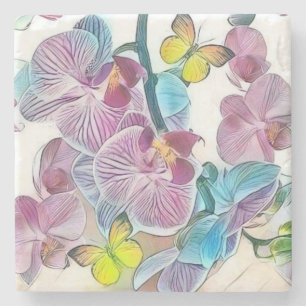 Pink colourful orchid flower butterflies watercolo stone coaster