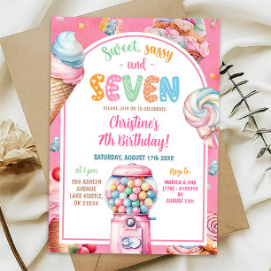 Pink Colourful Pastel Candies Kid's 7th Birthday Invitation