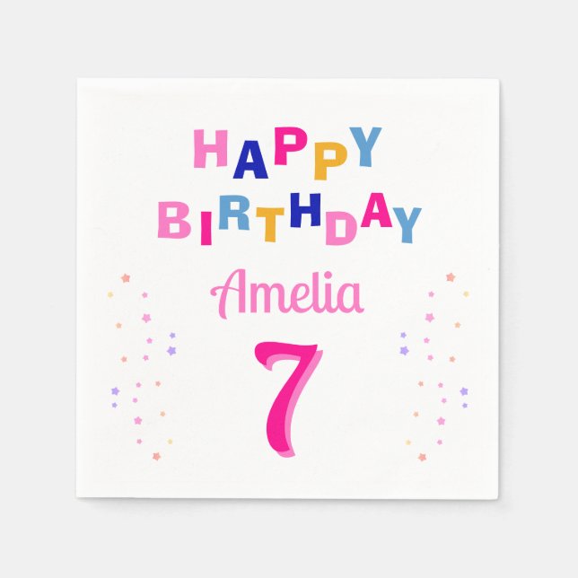  Pink Colourful Stars Girl Happy Birthday Party  Napkin (Front)