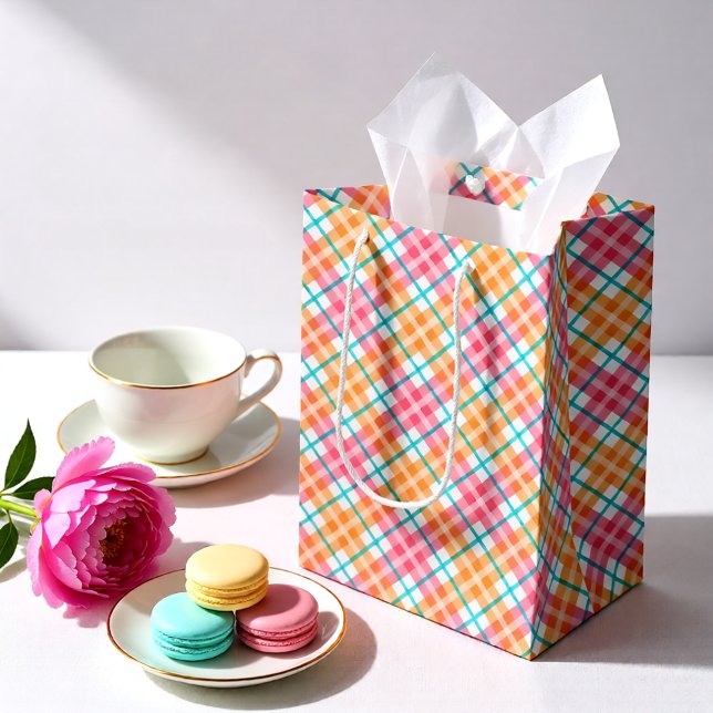Pink colourful Tartar summer  Medium Gift Bag (Colorful Summer Plaid – Pink, Peach & Teal Medium Gift Bag)