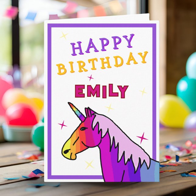Pink Colourful Unicorn Girl Happy Birthday  Card (Creator Uploaded)