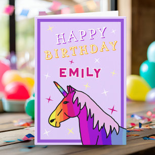 Pink Colourful Unicorn Girl Happy Birthday Card