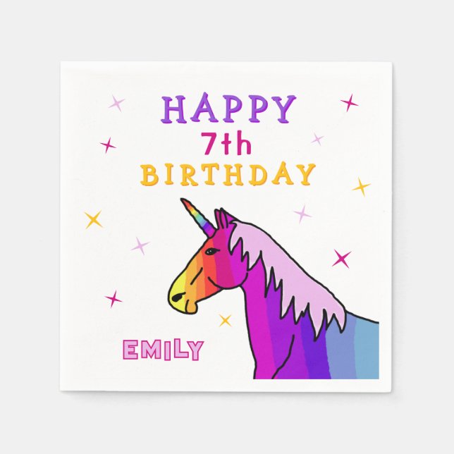 Pink Colourful Unicorn Girl Happy Birthday Party Napkin (Front)