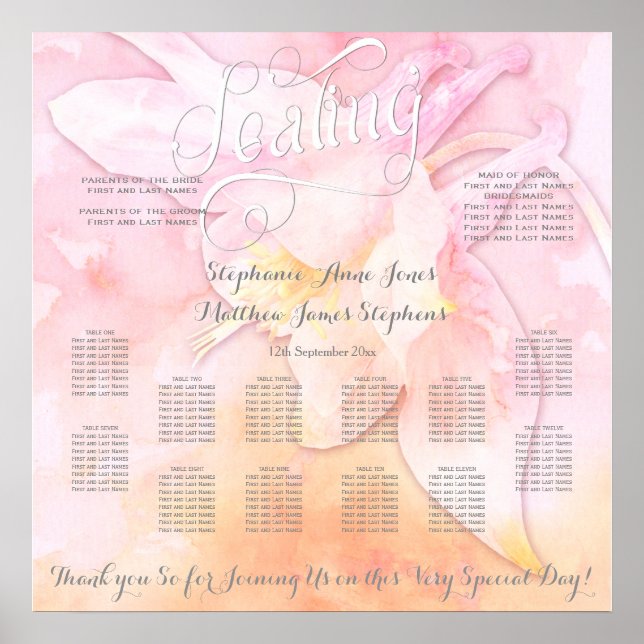 PINK COLUMBINE FLOWER WATERCOLOR SPLASH WEDDING POSTER (Front)