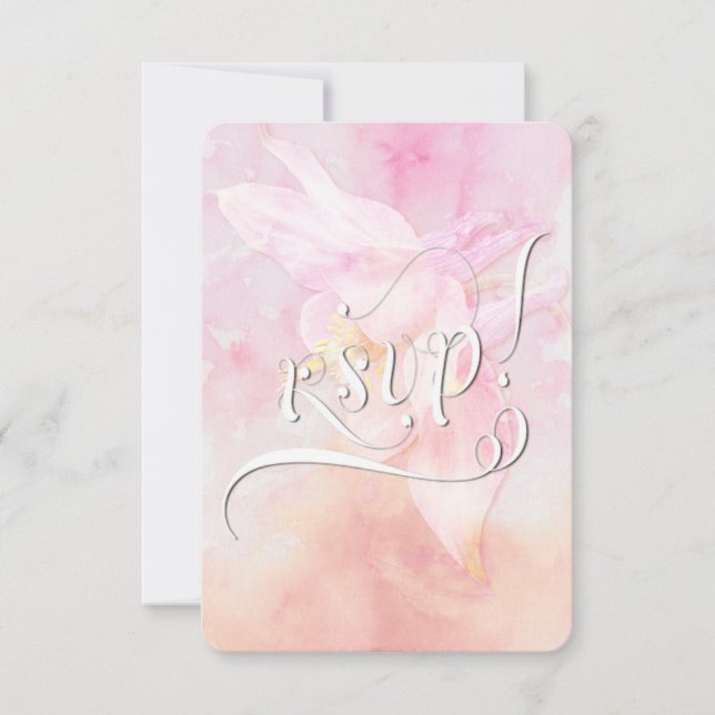 PINK COLUMBINE FLOWER WATERCOLOR SPLASH WEDDING RSVP CARD (Front)