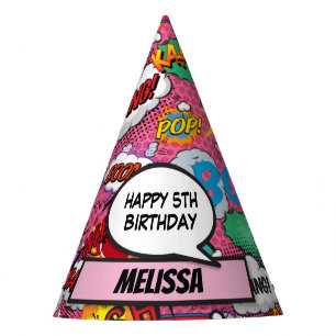 Pink Comic Book Superhero Birthday Party Hat
