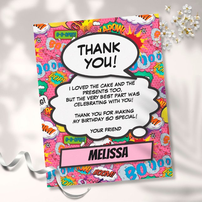 Pink Comic Book Superhero Birthday Party Thank You Card (Creator Uploaded)