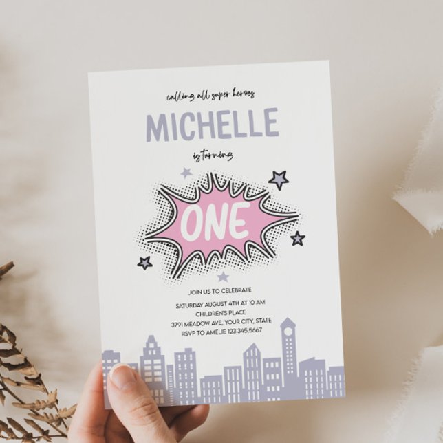 Pink Comics Book Hero 1st Birthday Invitation  (Creator Uploaded)