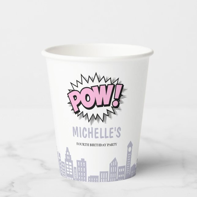 Pink Comics Book Superhero Birthday Paper Cups (Front)