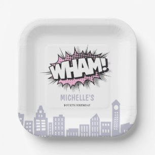 Pink Comics Book Superhero Birthday Paper Plate