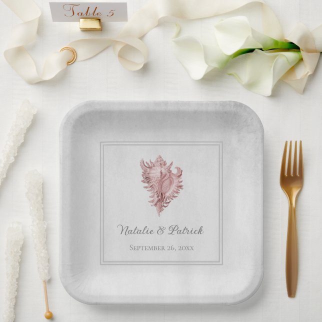 Pink Conch Shell Wedding Paper Plates (Wedding)