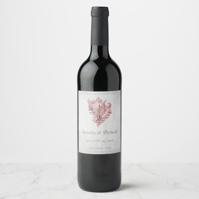Pink Conch Shell Wedding Wine Label (Front)