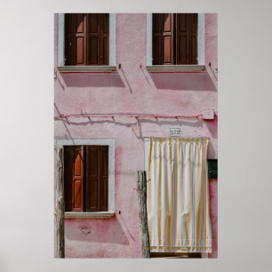 PINK CONCRETE HOUSE WITH THREE WINDOWS AND ONE DOO POSTER
