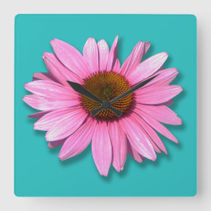 Pink Cone Flower Turquoise Green Background Square Wall Clock