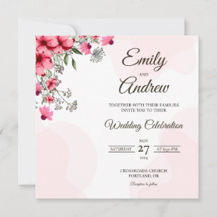 Pink Coneflower Floral Watercolor Square Wedding Invitation