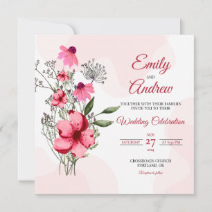 Pink Coneflower Floral Watercolor Square Wedding Invitation